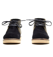 A pair of black suede Santa Rosa Brand Union Cognac Bison Boots with laces on a white background, featuring a Vibram 2021 wedge outsole.