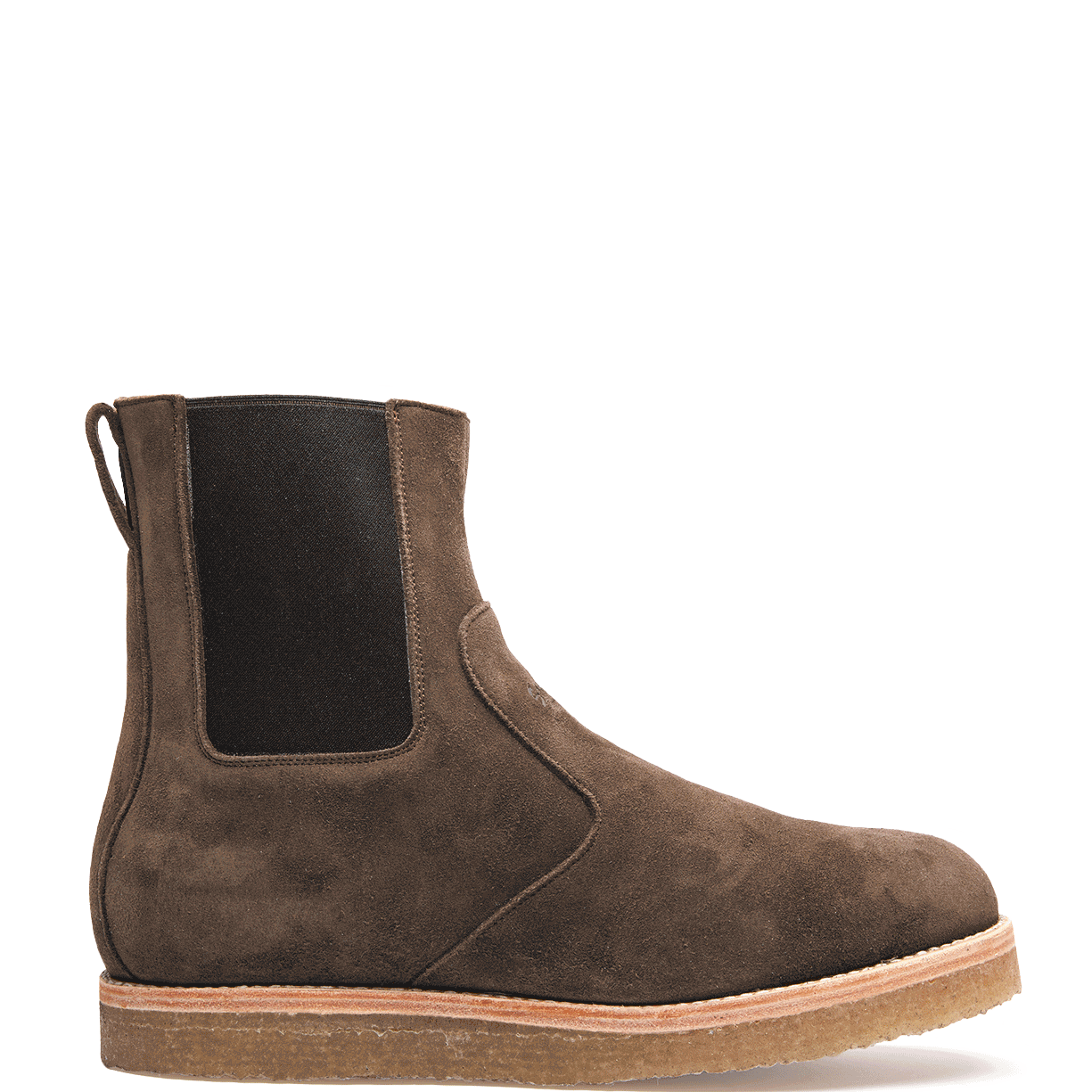 Santa Rosa Brand Stamford Brown suede Chelsea boot on a black background.