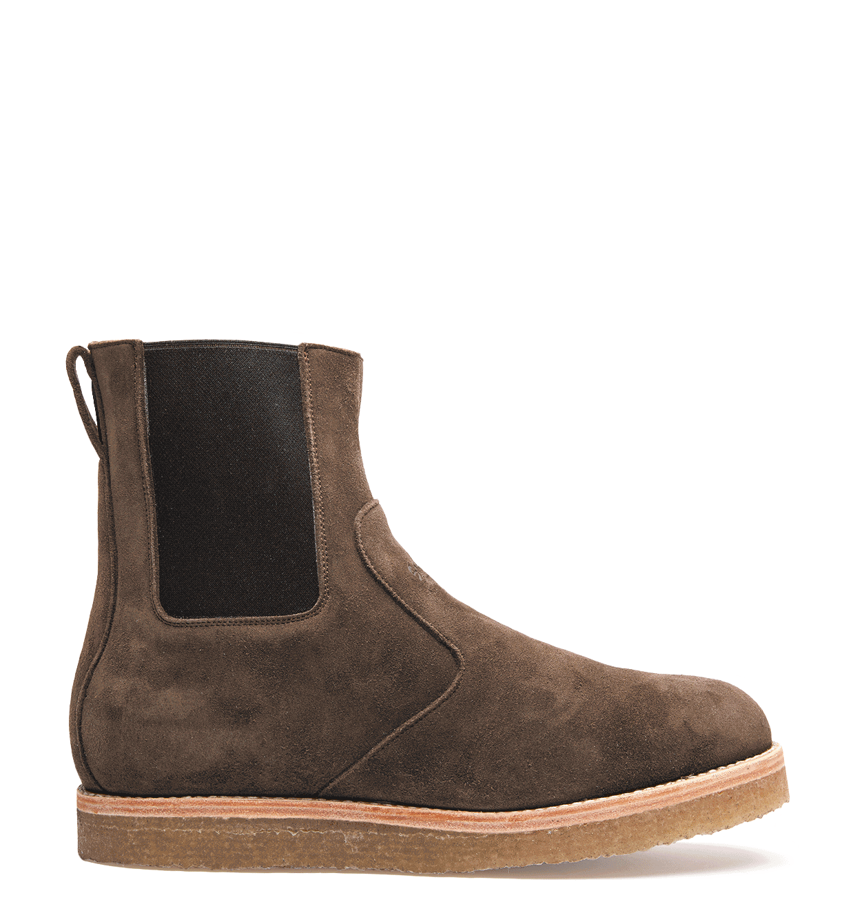Santa Rosa Brand Stamford Brown suede Chelsea boot on a black background.