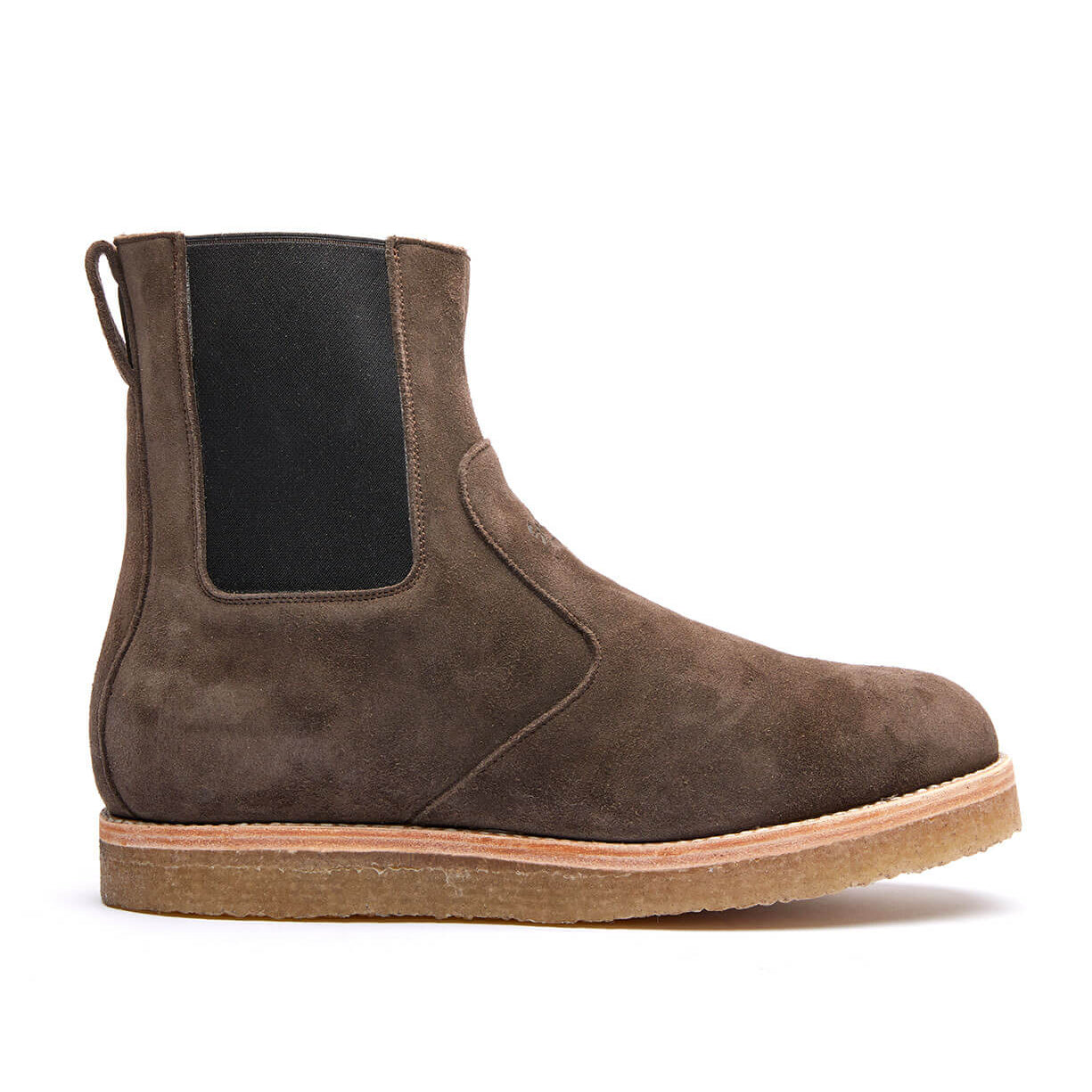 Santa Rosa Brand Stamford Boot: Brown suede Chelsea boot with elastic side panel and natural crepe outsole on a white background.