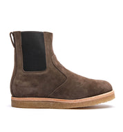 Santa Rosa Brand Stamford Boot: Brown suede Chelsea boot with elastic side panel and natural crepe outsole on a white background.