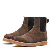 A pair of brown suede Santa Rosa Brand Stamford Boot chelsea boots isolated on a white background.