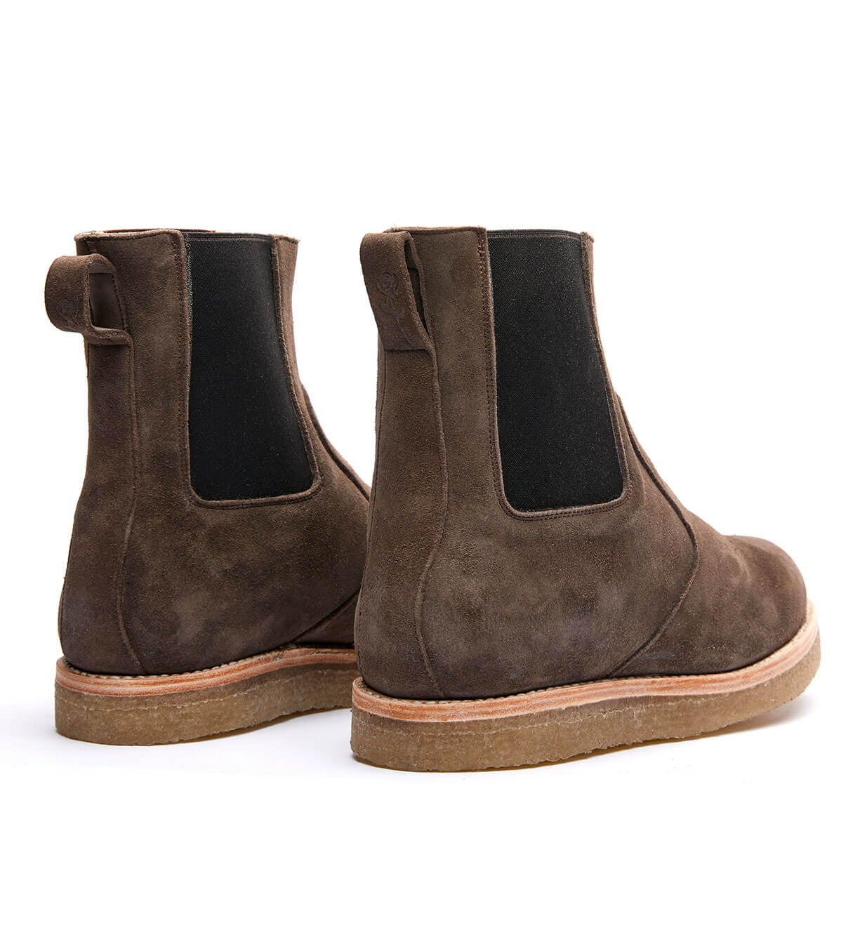 Pair of Santa Rosa Brand Stamford Boot brown suede Chelsea boots with a natural crepe outsole on a white background.