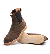 A pair of brown suede Santa Rosa Brand Stamford Boot with elastic side panels and natural crepe outsole, photographed against a white background.