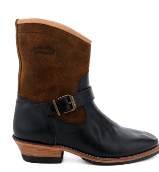 A Santa Rosa Brand Carson Harness Boot with a brown suede upper section and a decorative harness buckle.