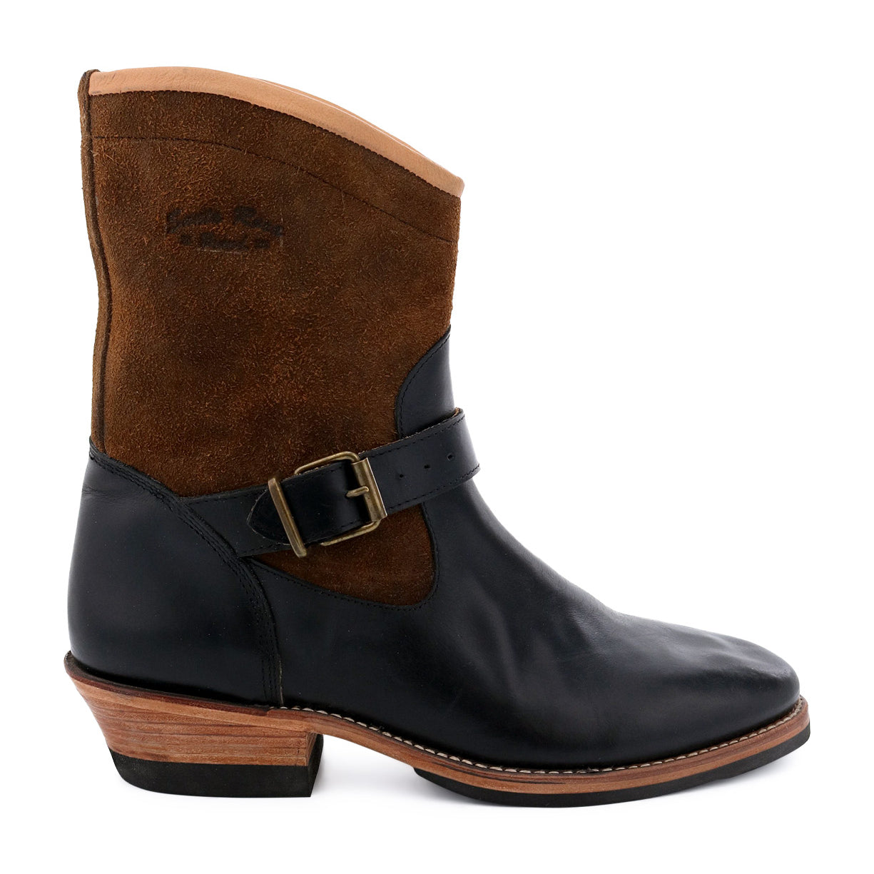 Santa Rosa Brand Carson Harness Boot ankle boot with brown suede upper and buckle detail, featuring Goodyear welt construction.