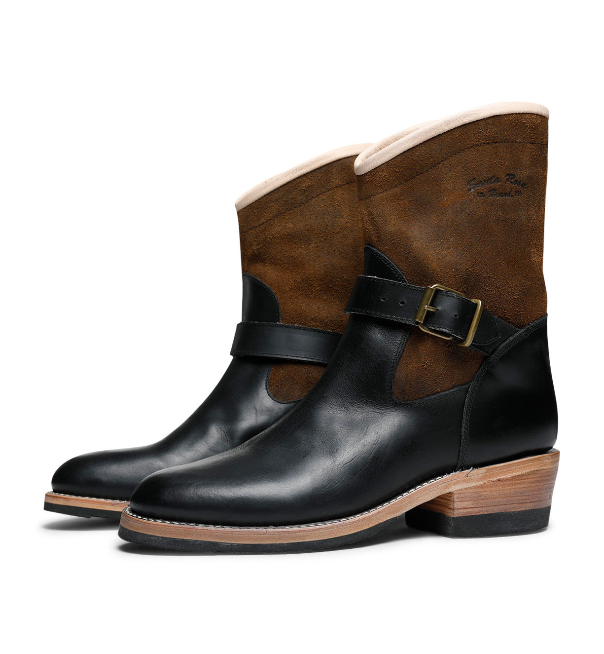 A pair of Santa Rosa Brand Carson Harness Boots in black and brown full grain leather with buckle detail.