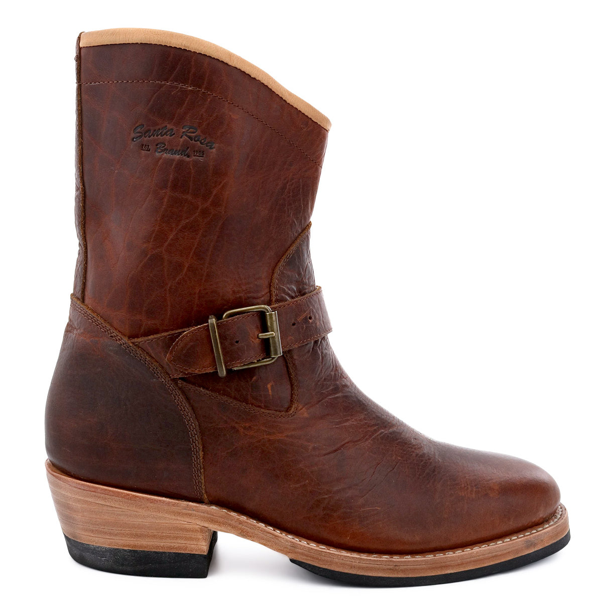 Santa Rosa Brand Carson Harness Boot in brown full grain leather with buckle detail.