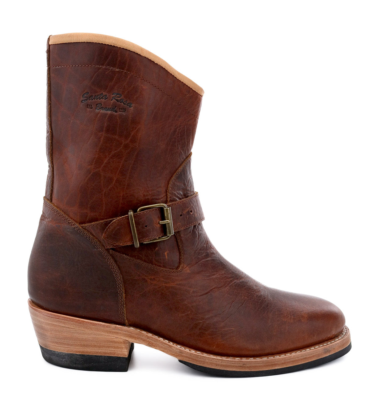 Santa Rosa Brand Carson Harness Boot in brown full grain leather with buckle detail.