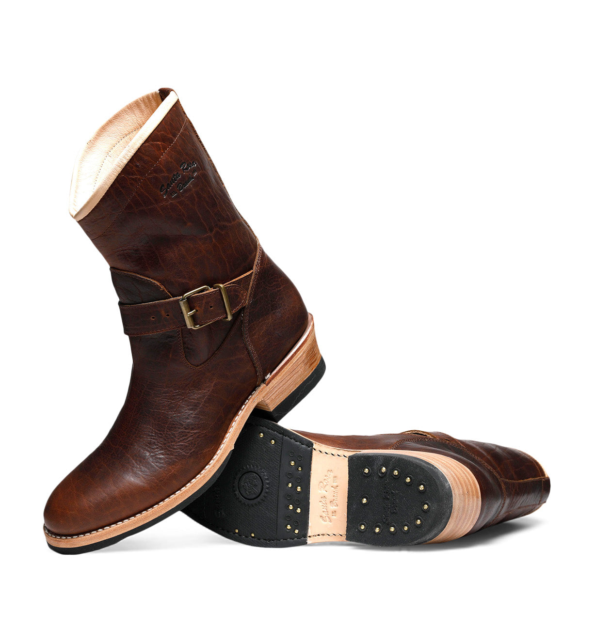 A pair of Santa Rosa Brand Carson Harness Boots with decorative stitching and a buckle, isolated on a white background.