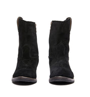 A pair of black Issac Cowboy boots with zippers on the side made from American Bison Viking suede leather, Santa Rosa Brand.