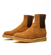 A pair of brown suede Santa Rosa Brand Stamford Boots with elastic side panels and a natural crepe outsole on a white background.
