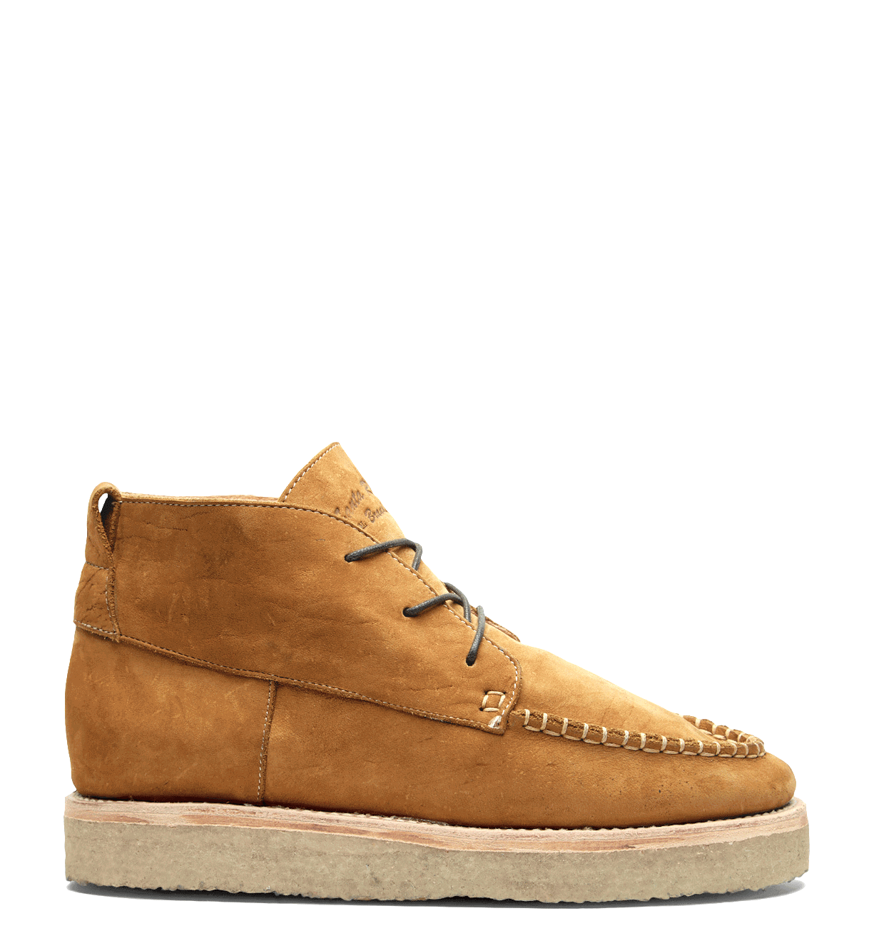 A single brown Santa Rosa Brand Tahoma Moccasin kudu leather chukka boot isolated on a white background.