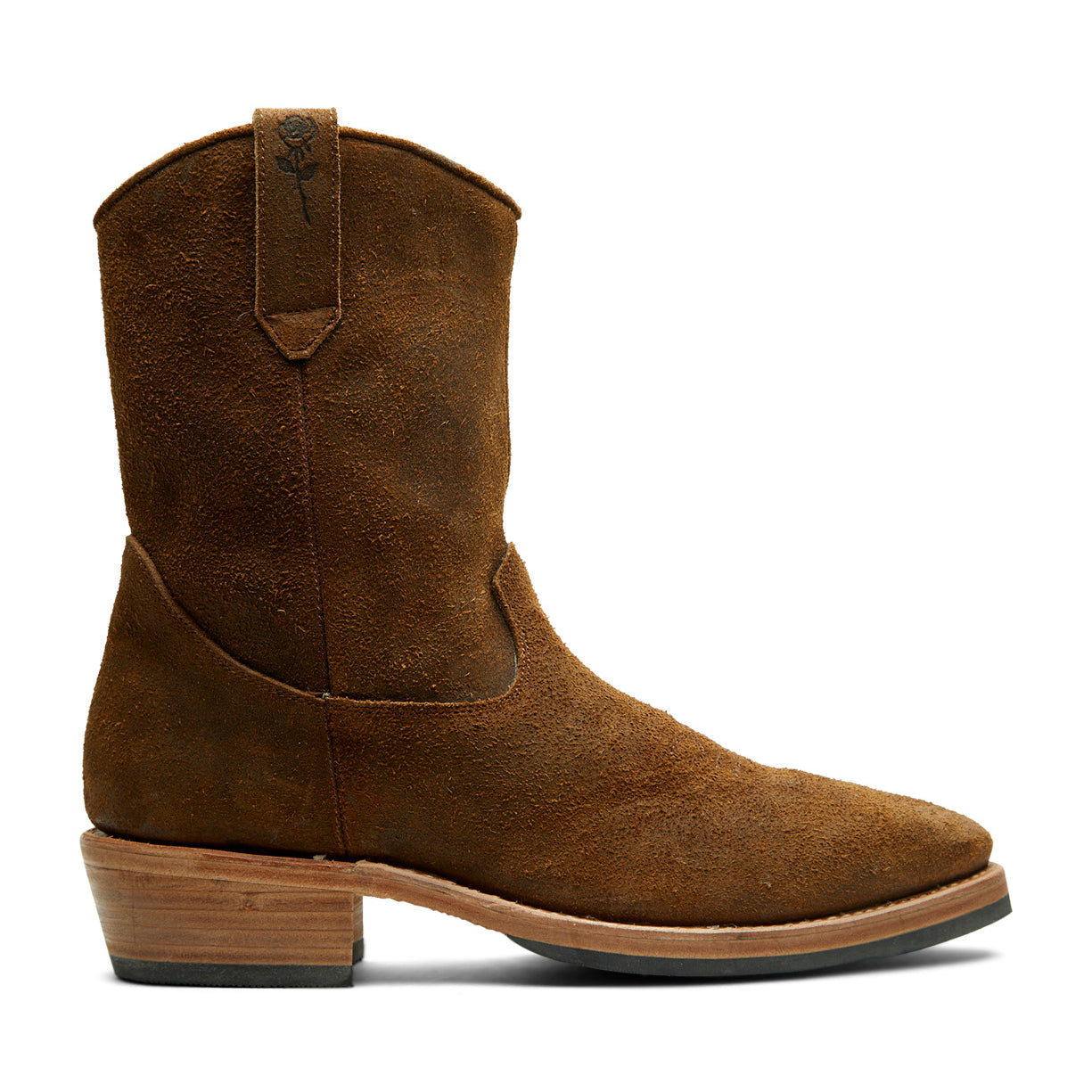 A brown Santa Rosa Brand Issac Cowboy boot on a white background featuring American Bison suede leather upper and natural vegetable tanned leather lining.
